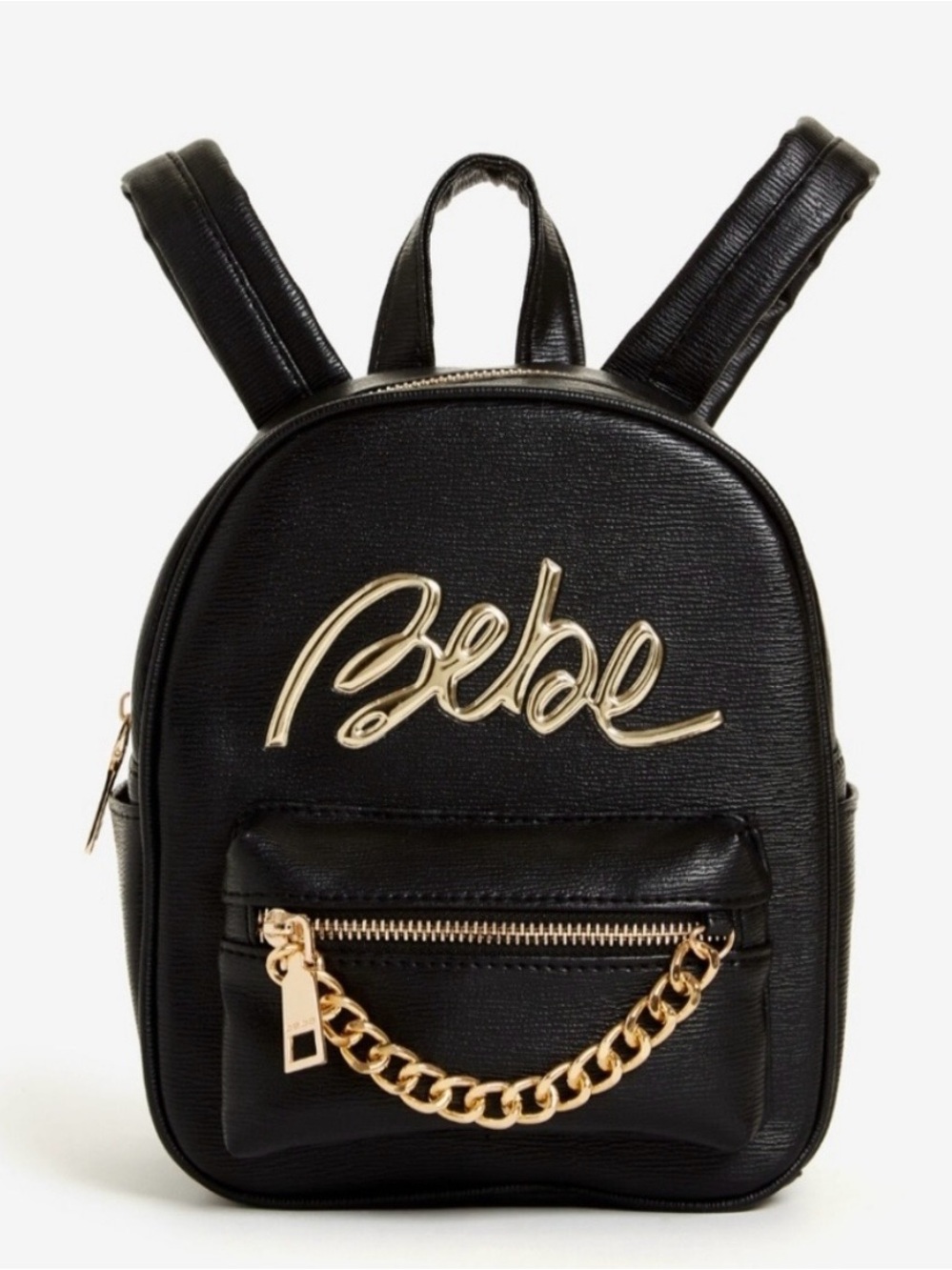 New Bebe Gianna Black Mini Backpack with Gold Logo and Chain